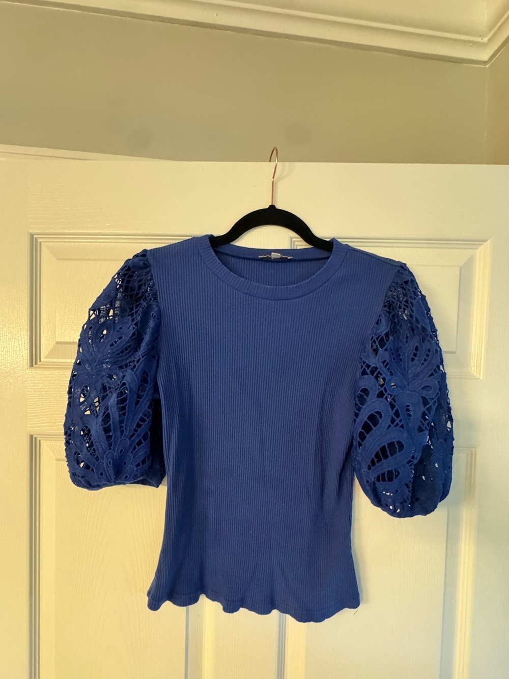 Flying Tomato Royal Blue Puff-Sleeve Lace Knit Top